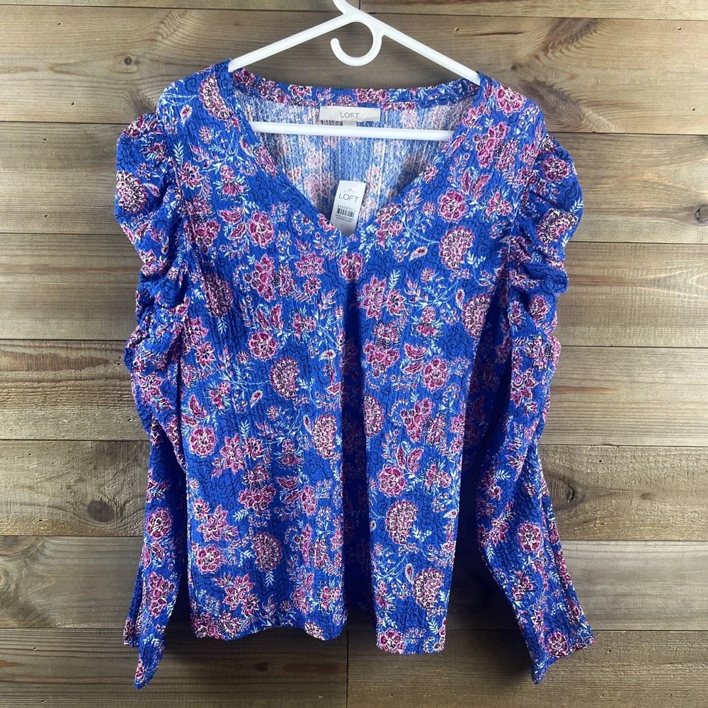 Loft Womens Shirt Garden Shirred‎ Puff Sleeve Cerulian Star Floral Peasant Large